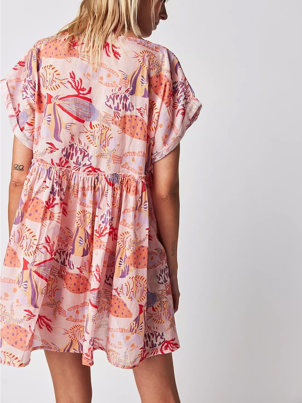 Free People Oceana Mini Dress Pink Fish Print Babydoll Button Up size Small - Picture 2 of 9